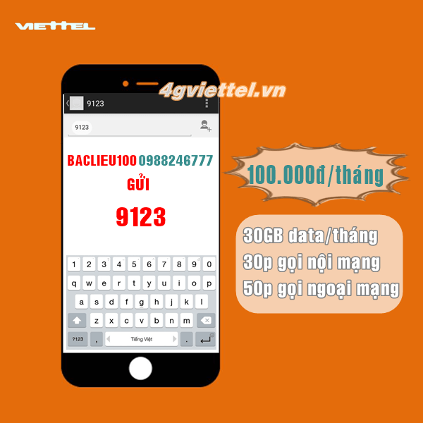Gói cước BACLIEU100 Viettel chỉ 100.000đ có ngay 80p gọi +30GB data/tháng