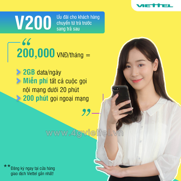 Hòa mạng trả sau gói V200 Viettel chỉ 200.000đ/tháng ưu đãi 60GB data và gọi không giới hạn