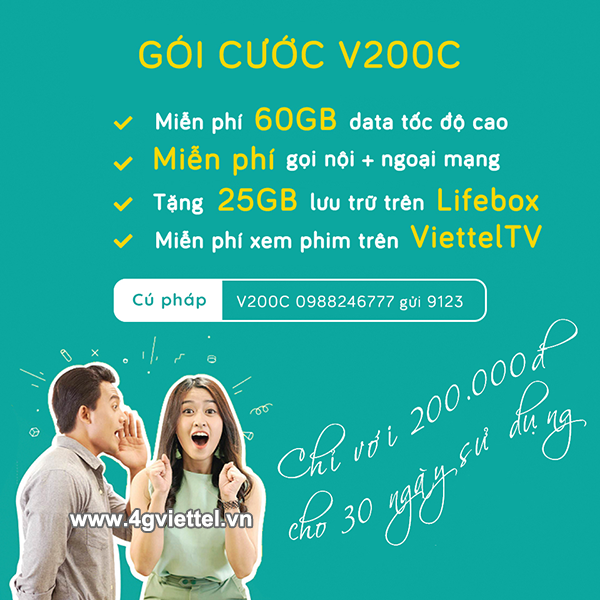 Cách đăng ký gói V200C Viettel miễn phí combo 60GB, gọi thoại và nhiều tiện ích khác