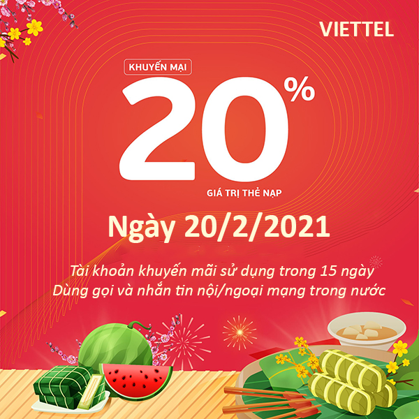 Viettel khuyến mãi 20/2/2021 NGÀY VÀNG tặng 20% giá trị thẻ nạp