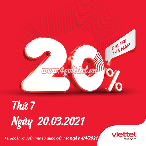 Viettel khuyến mãi 20/3/2021 NGÀY VÀNG tặng 20% giá trị tiền nạp