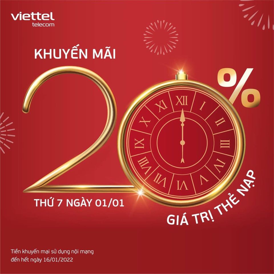 Viettel khuyến mãi 1/1/2022 NGÀY VÀNG tặng 20% giá trị thẻ nạp