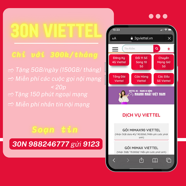 Đăng ký gói 30N Viettel ưu đãi 150GB data, gọi thoại, nhắn tin thả ga không giới hạn