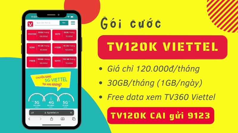 Đăng ký gói TV120K Viettel nhận ngay 30GB + Free gói TV360 Standard