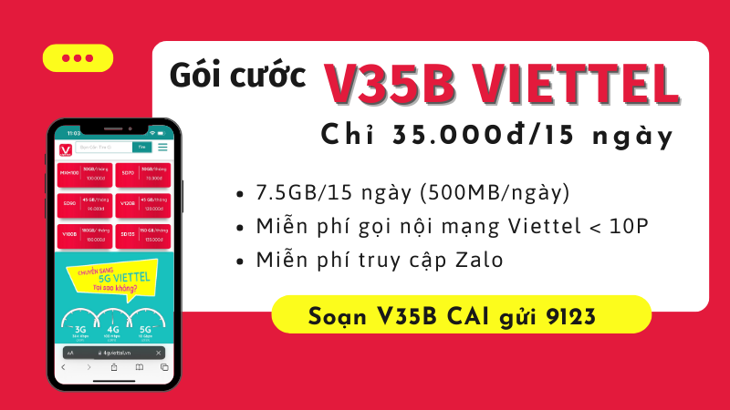Đăng ký gói cước V35B Viettel giá 35K có data và gọi dùng 15 ngày 