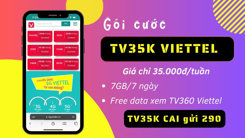 Đăng ký gói cước TV35K Viettel sử dụng mạng miễn phí 7 ngày 