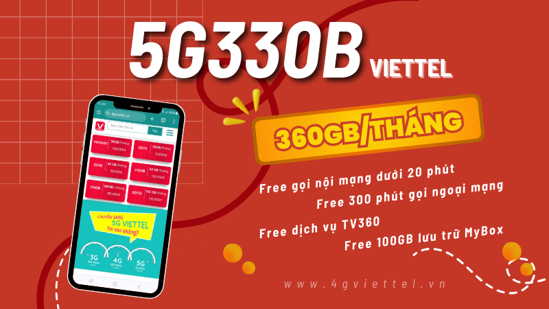 Đăng ký gói cước 5G330B Viettel ưu đãi 360GB, miễn phí gọi, giải trí và lưu trữ