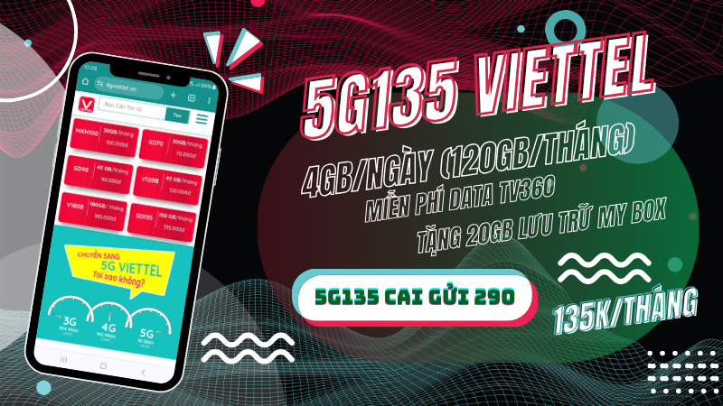 Đăng ký gói 5G135 Viettel miễn phí 120GB, miễn phí TV360 và tài khoản MyBox