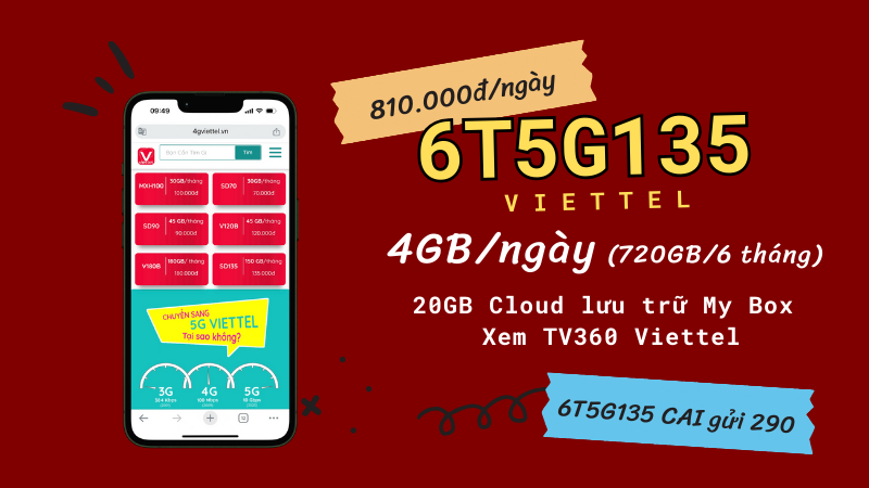 Đăng ký gói cước 6T5G135 Viettel miễn phí 720GB/6 tháng, miễn phí data TV360 và My Box