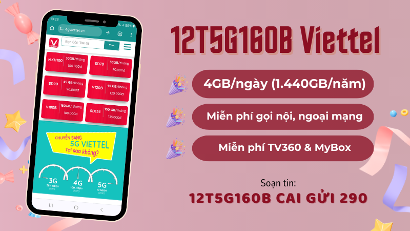 Đăng ký gói 12T5G160B Viettel ưu đãi 1.440GB/năm và miễn phí gọi