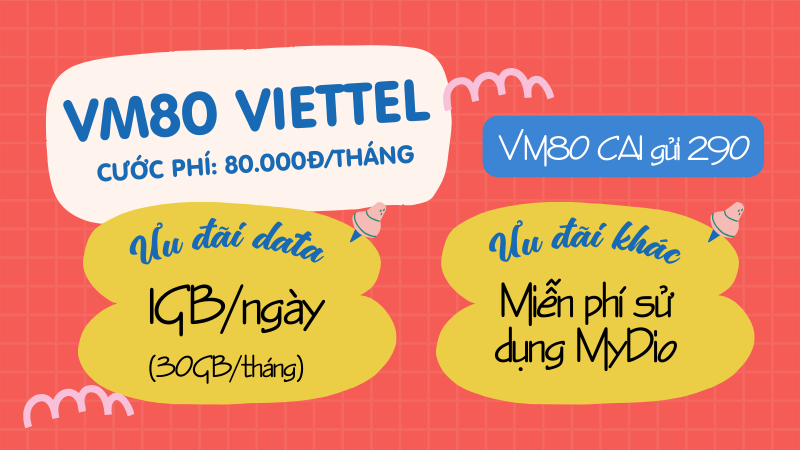 Đăng ký gói cước VM80 Viettel free 30GB/tháng, miễn phí MyDio